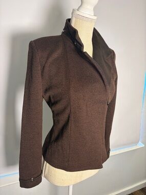 St. John Chocolate Brown Knit Jacket with Suede Trim Asymmetrical Zip Santana